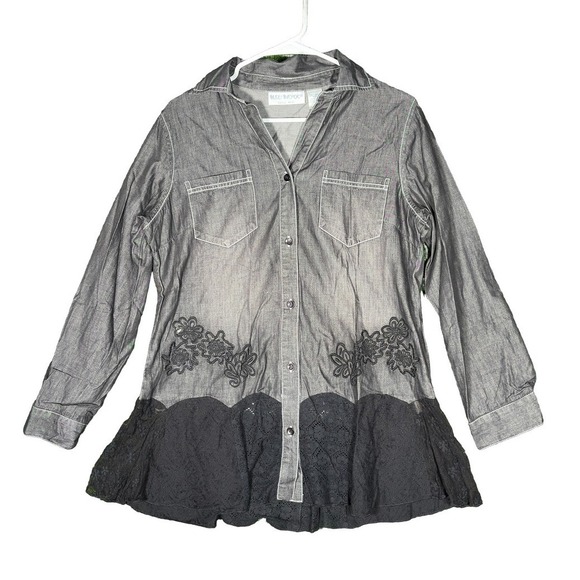 Bleu Bayou Tops - Bleu‎ Bayou Womens Grey Embroidered Lace Button Down Peplum Top Sz M Grunge Boho